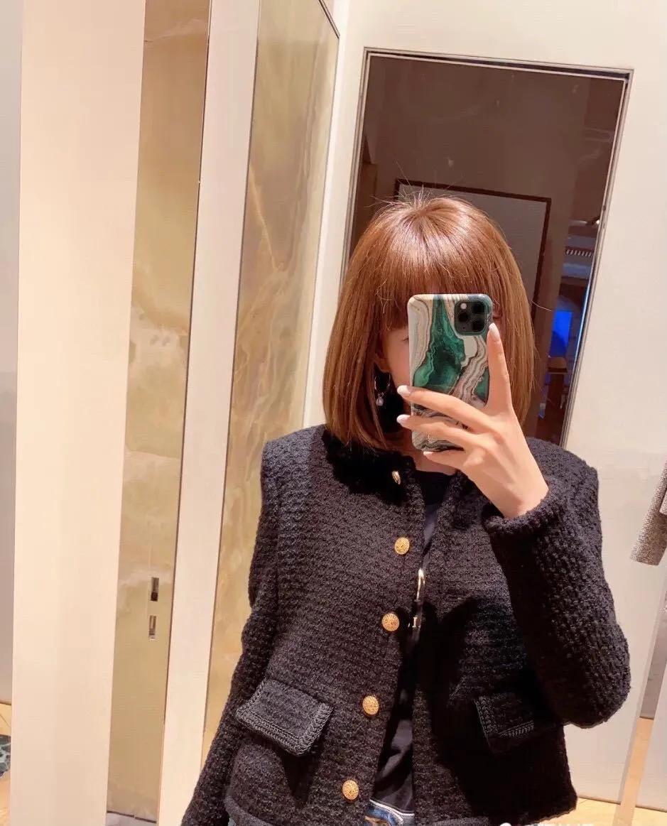 Women s Black Tweed Jacket Elegant Short Coat for Autumn Winter