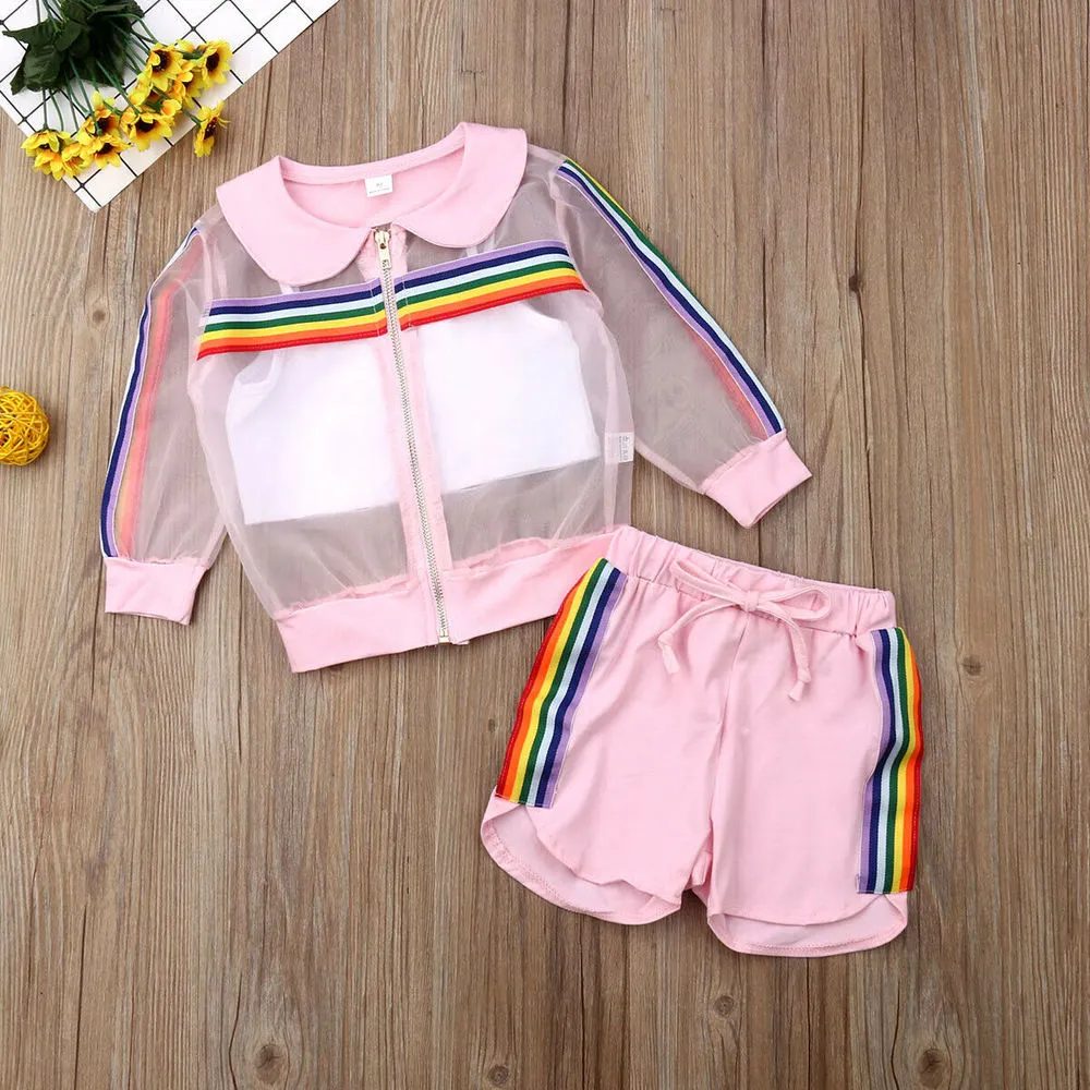 Enfants été vêtements enfant en bas âge enfants bébé fille maille manteau gilet pantalon tenue 3 pièces Sunsuit coloré arc-en-ciel rayé ensemble