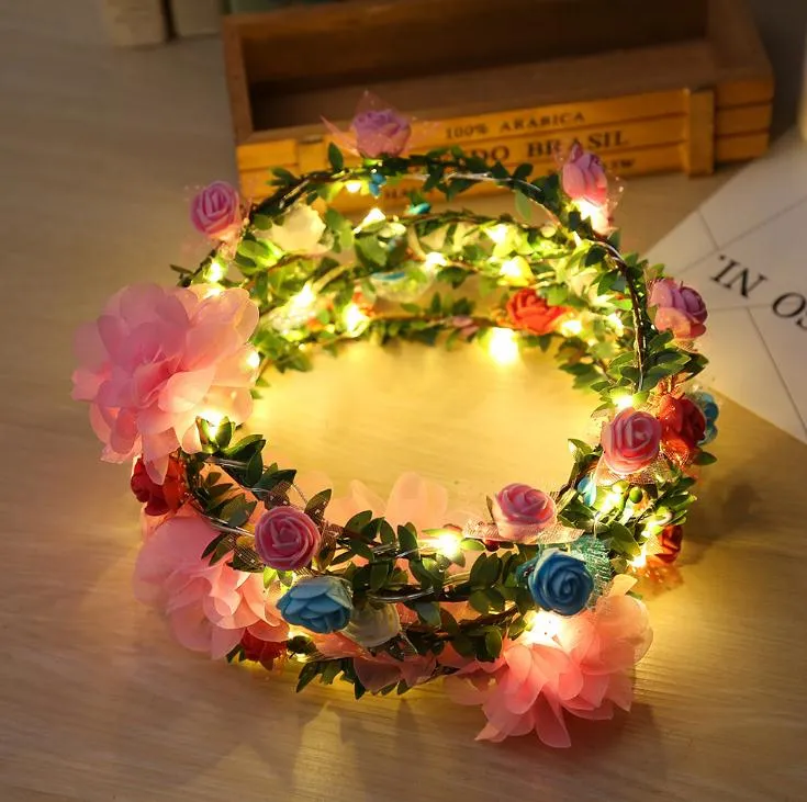 Led Light Beach Girl grinalda da flor de Rosa Floral Headband Crown Garland Luminous Garland casamento fornecem SN1704