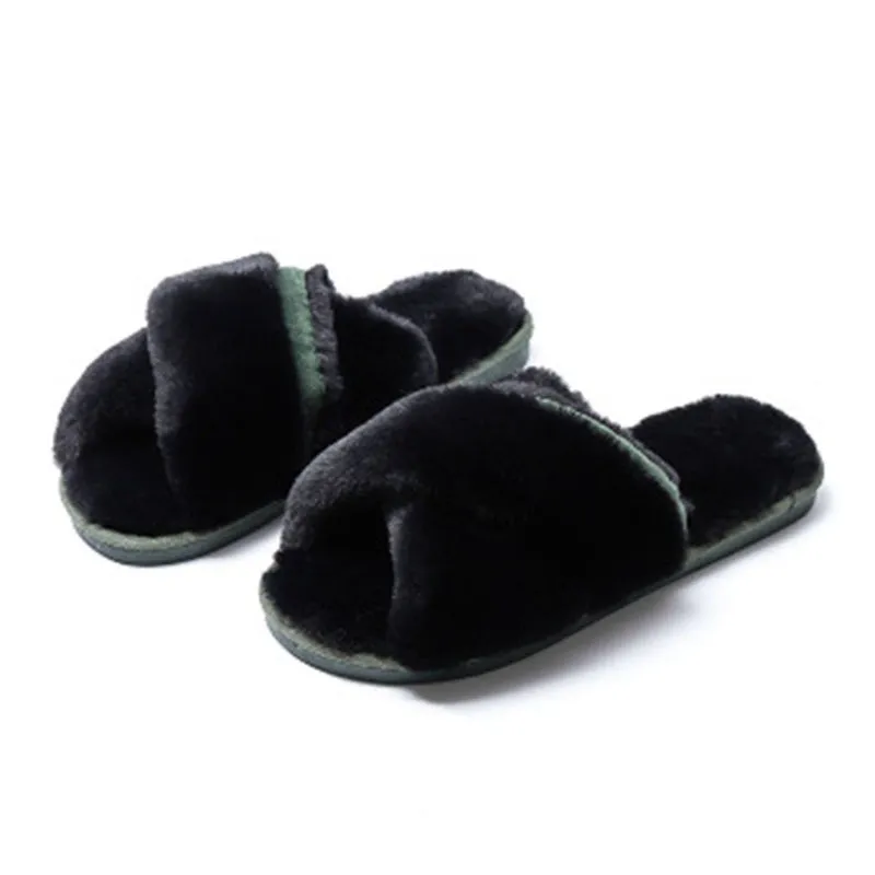 SWQZVT Furry slippers women 2020 new cross faux fur indoor bedroom ladies slippers non-slip plush winter sleepers women shoes (7)