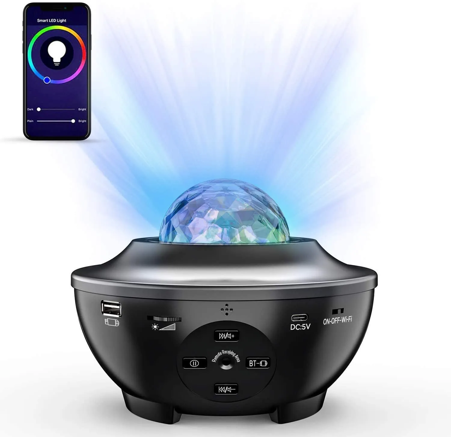 Smart Illumination Remote Night Light Projector Ocean Wave Voice App Control Bluetooth Speaker Galaxy 10 Colorful Light Starry Scene for Kids Game Party Room