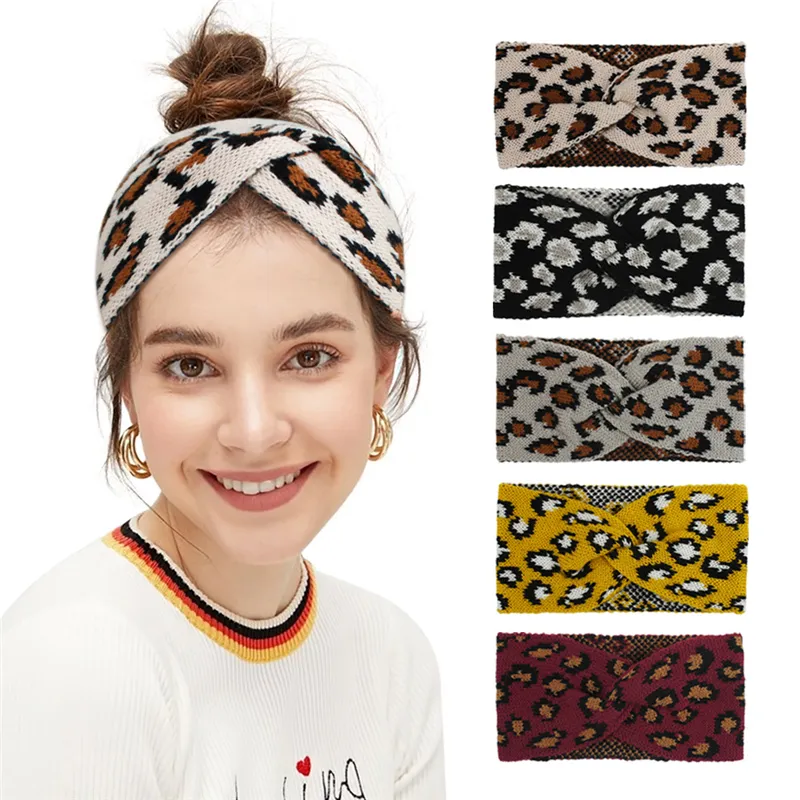 Nieuwe stijl retro gebreide wol luipaard cross haarband herfst en winter brede elastische hoofdband bandband T3i51284