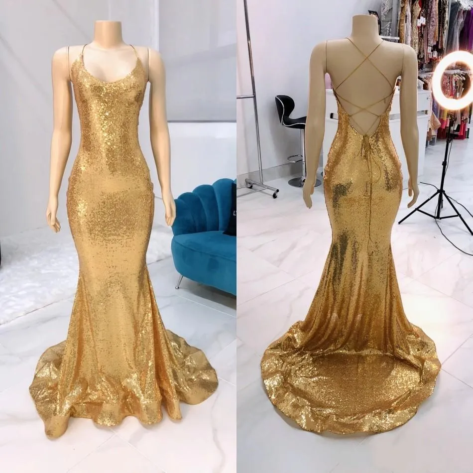 Sparkly Gold Sequins Evening Dresses 2021 Mermaid Sweep Train Sexiga Criss Cross Rems Back Custom Made Prom Party Gown Plus Storlek