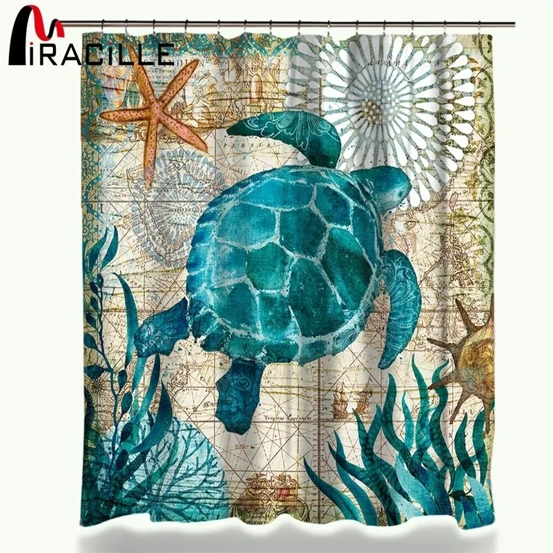 Miracille Turtle Dusch gardin Vattentäta bad gardiner med 12 krokar Polyester Fabric Gardin för badrum Marine Style LJ201130