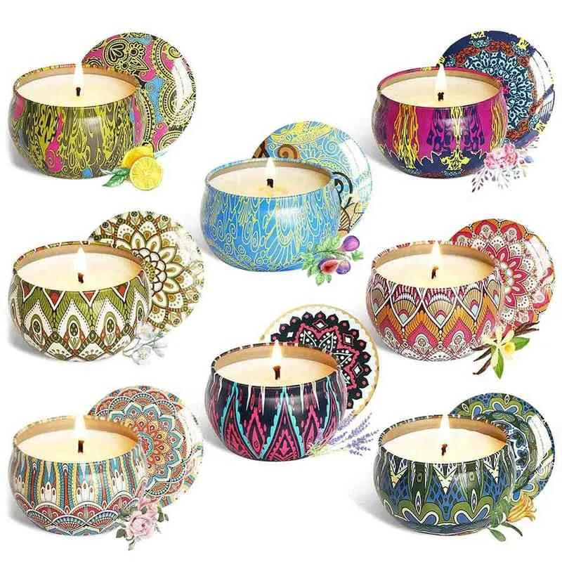 8 stks Nordic Tea Candle Decoratieve DIY Soja Wax Natural Landscaping Grondstof Geurkaarsen met Tin Can Tea Candle Holder H1222