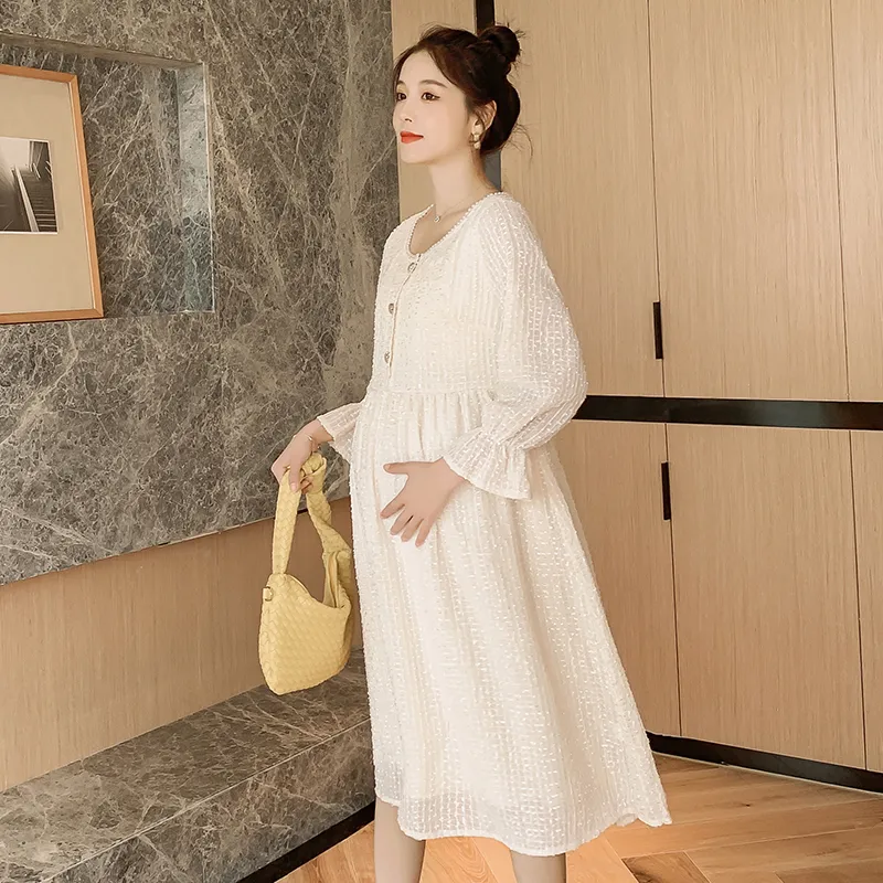 2020 Осенние платья для беременных Длинные рукава Корейская мода Элегантная стройная высокая талия одежда для беременных Одежда беременности беременности LJ201123
