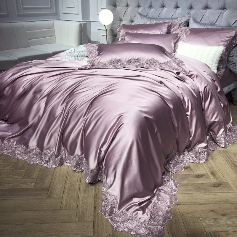 1000TC satin cotton lace white silver bedding set Luxury queen king size bed sheet fitted sheet set duvet cover parure de lit T200706