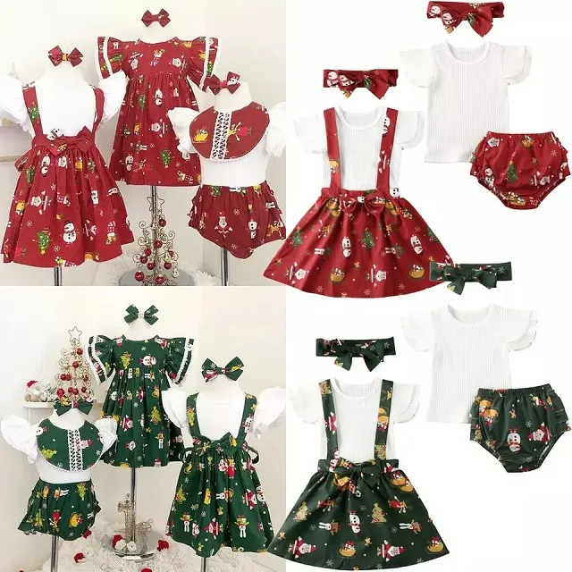 Vieeoease Девушки рождественские наборы Одежда для новорожденных 2020 Мода Fly рукава футболки + Печать платье / PP шорты + повязка CC-795