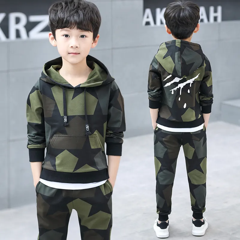 Set di abiti da adolescente set per bambini tracce di tuta camuffato con cappuccio con cappuccio per pantaloni per bambini abiti per ragazzi 4 6 8 9 10 12 14 anni Y1105