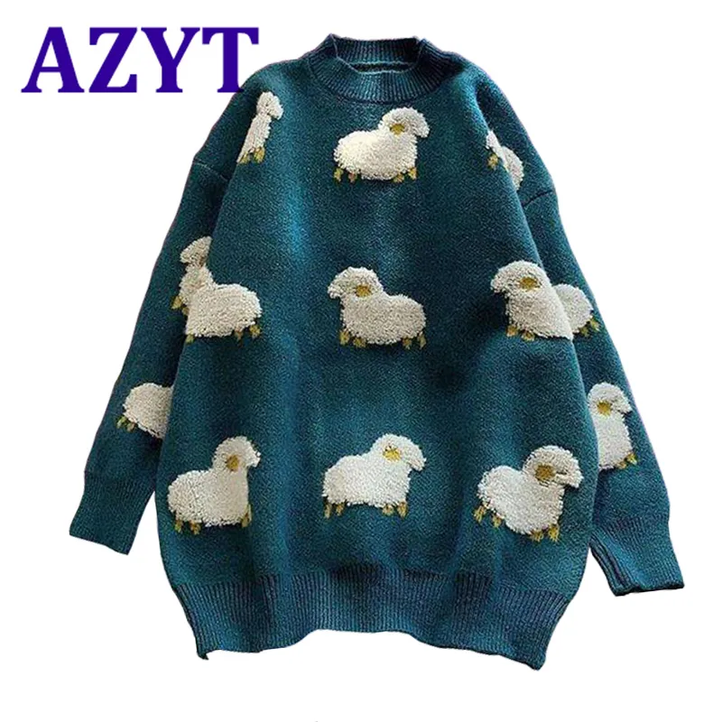 AZYT Cartoon Sheep Imprimer Pull Pull Femmes O Cou Lâche Tricot Femme Jumpers Automne Hiver Mode Manteau De Tricot 201130