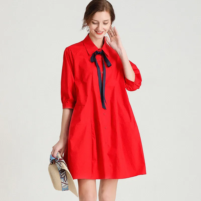 7850# Jry New Spring Women European Fashion Style Dresses Turn-Down Collar Half Sleeve Single-Breasted Loose Casual Shirt Dress Deep Blue/White/Red XL-4XL