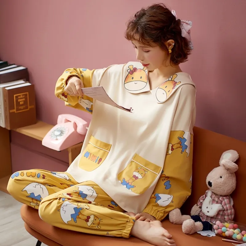 Nightwa Cotton Pajamas 여성 만화 긴 소매 귀여운 잠옷 가을 홈 옷 편안한 홈 홈 여성 라운지 Sleepwear 201027