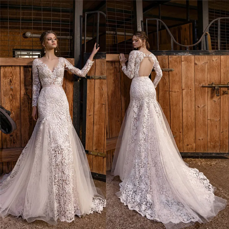 abiti da sposa a sirena in pizzo all'uncinetto vintage con maniche lunghe 2021 abiti da sposa a coda di pesce con scollo a V in pizzo floreale