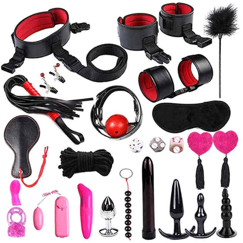 Nxy Sm Bondage Sex Toys for Women Men Nylon Bdsm Set y Lingerie Handcuffs Whip Rope Anal Plug Vibrator Products Adults Games 1223