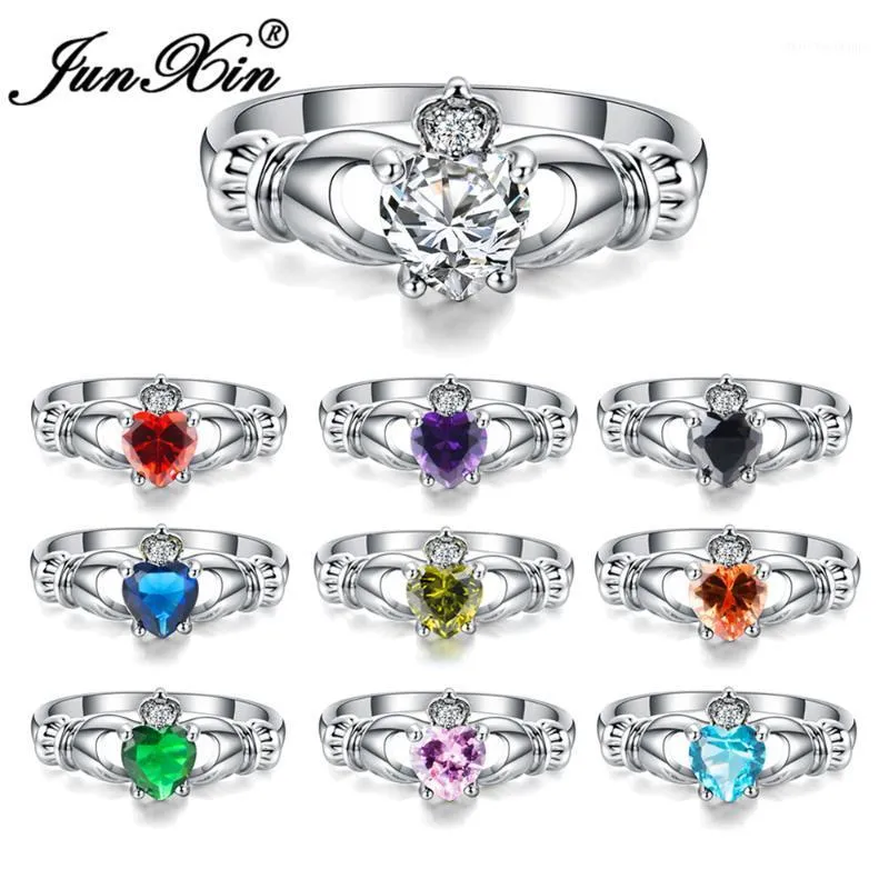 Wedding Rings JUNXIN Luxury Female Heart Ring Claddagh White Gold Filled Jewelry Fashion For Women Birth Stone Gifts1