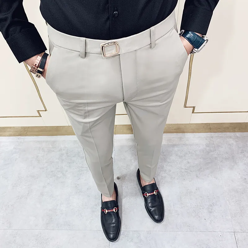 Spring Mens Dress Pants Ankle Length Business Suit Pant Casual Slim Formal Trousers Blaack Khaki Elastic Pencil Pants 28-36 201106