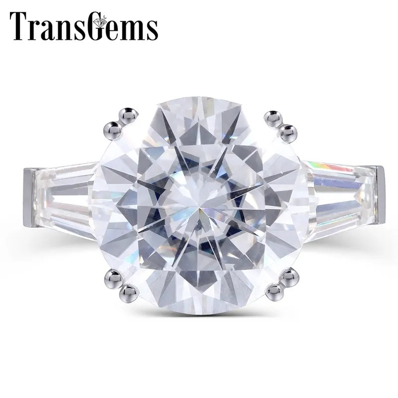 TransGems Big Size Massief 14K Wit Goud 8ct ct 13mm Diameter F Kleur Moissanite Drie Stenen Verlovingsring voor Vrouwen Bruiloft Y200620