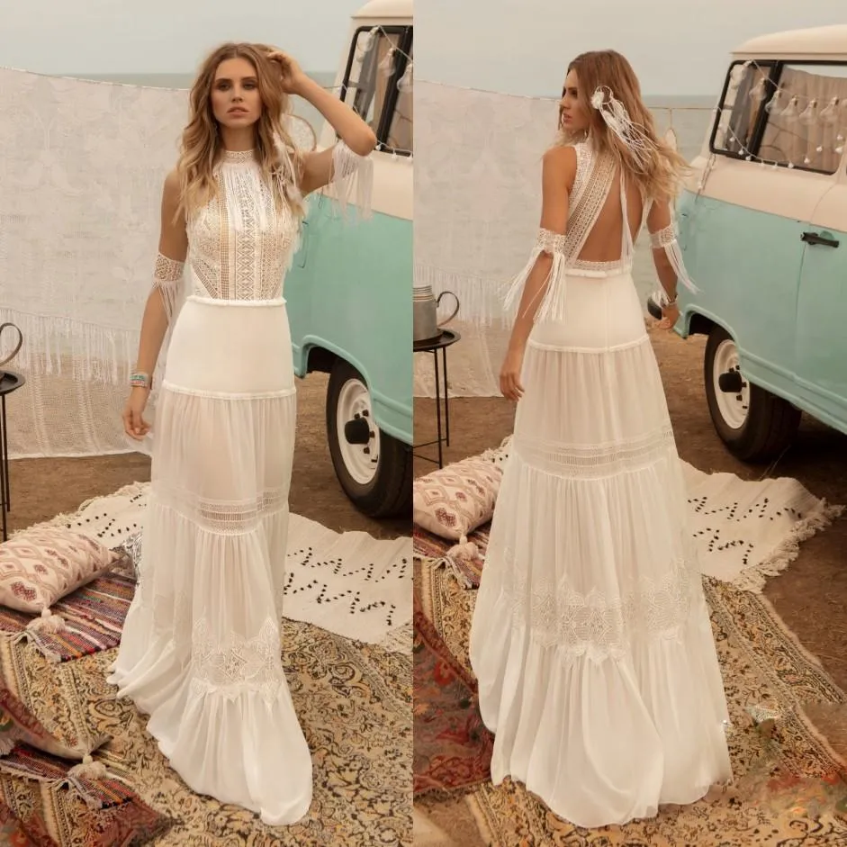 Vintage Greek Goddess Beach Wedding Dresses 2022 High Neck Crochet Lace Tassel Sleeves Fairy Kjol Bohemian Bride Bröllopsklänning