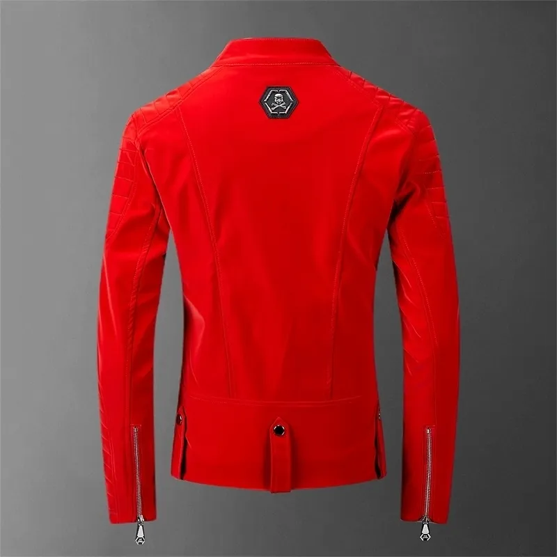 Crâne en cuir collé vestes rouges hommes style de rue haute col rabattu streetwear vestes et manteaux pour hommes Casacas Para Hombre 201103