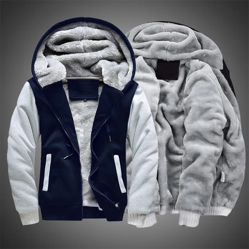 Men Zipper Hoodies Jacket Men Winter Warm Coat Fur Lined Fleece Hoodies Male Hooded Sweatshirt Colorblock Jackets for Men 201104