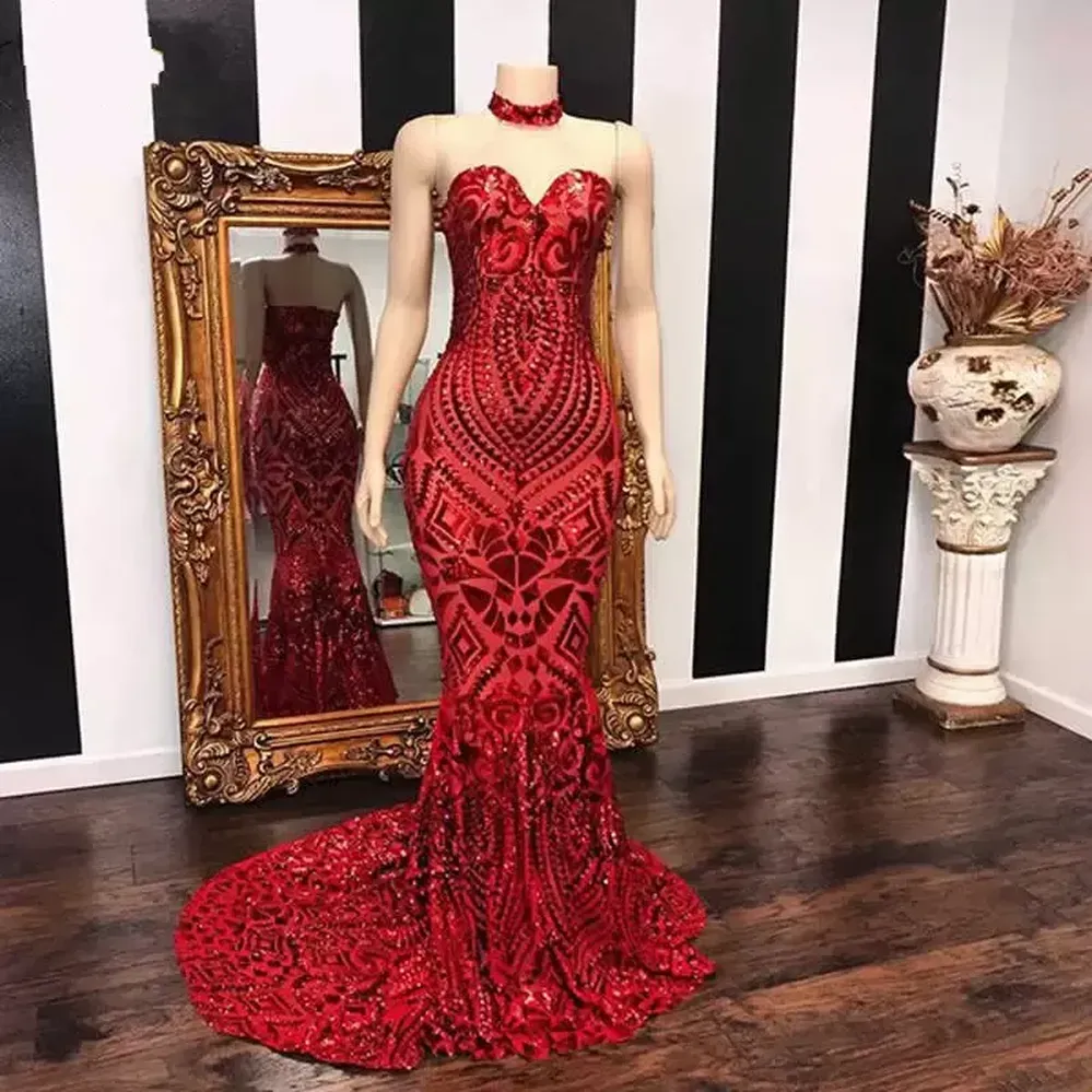 Long Elegant Red Mermaid Prom Dresses 2022 Sweetheart African Women Black Girl Sequin Evening Dress Custom Made BC9961