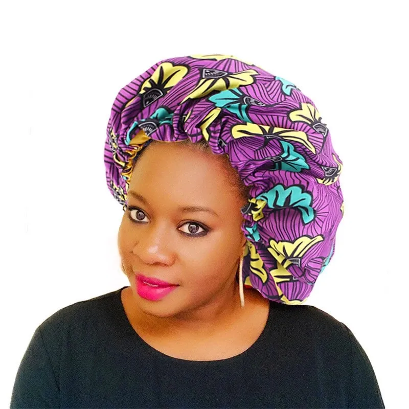 Fashion Print Large Size Turban Caps African Satin Hijab Bonnet Muslim Ankara Dashiki Night Sleep Cap Women Flower head scarf