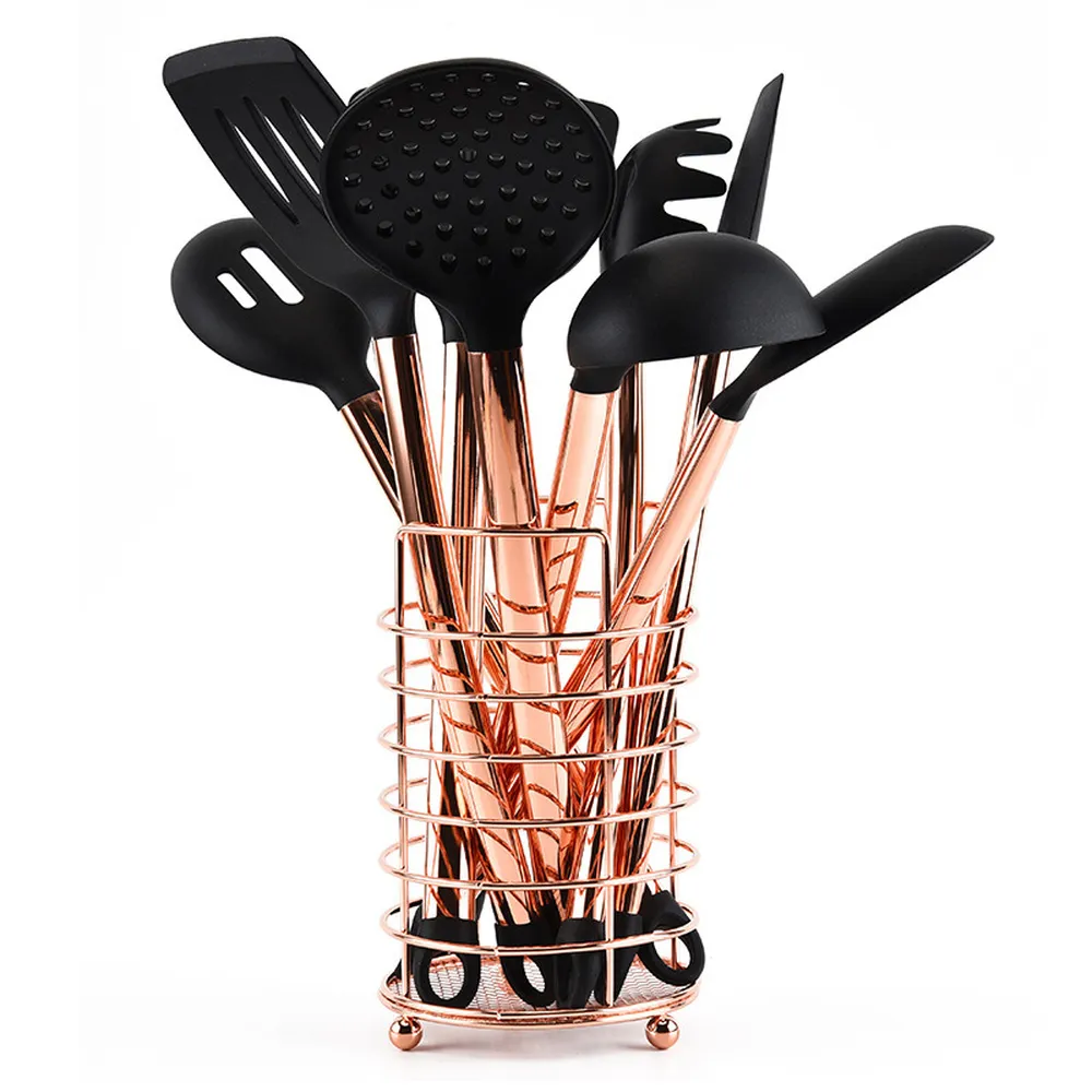 Black & Rose Gold Plated Kitchen Utensil Set (10-Piece with Holder