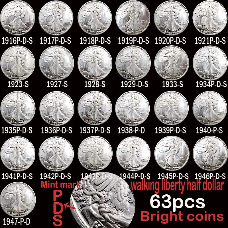 63 stks VS Full Set Walking Liberty Coins Bright Silver Silver Plated Copper Copy Coin