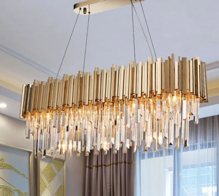 Moderne Kristalllampe Kronleuchter für Wohnzimmer Oval Luxus Gold Runde Lampe Edelstahl Linie Pendelleuchten