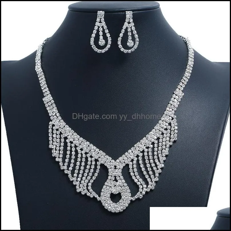 European and American necklace water droplets full of diamonds flower earrings necklace set shiny high-end wedding jewelry bridal accessories for