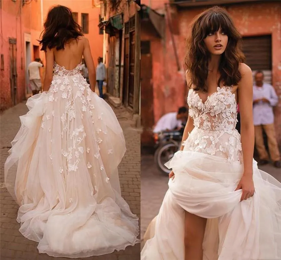 Liz Martinez Long Boho Plage Robes De Mariée 3D Dentelle Florale Appliqued Bretelles Spaghetti Sexy Dos Nu Plus La Taille Tulle Pays Robes De Mariée