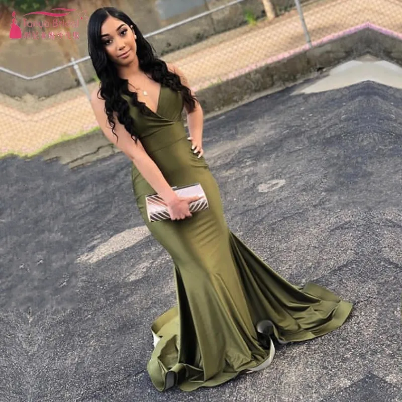 Elegant Olive Green V Neck Mermaid Green Mermaid Prom Dress For