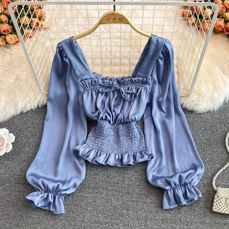 Autumn Women Purple/Red/Green Ruffle Short Shirt Vintage Square Collar Puff Sleeve Draped Short Blouse Female ELegant Tops 2022