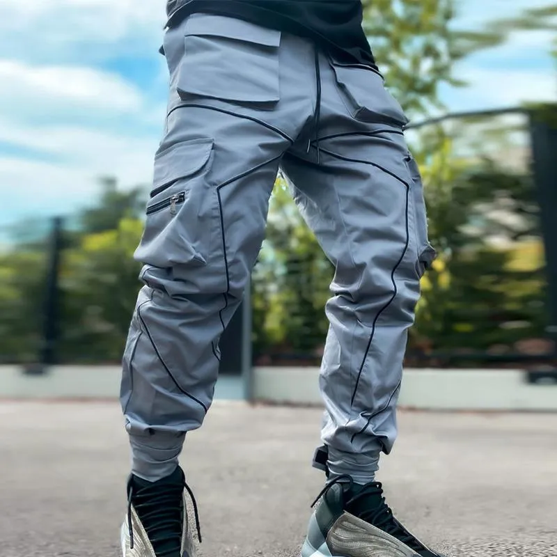 Mens Hip-hop Jogging Cargo Pants Fashion Mens Jogger Reflective Shiny  Casual Overalls Man Sportswear Luminous Pencil Pants