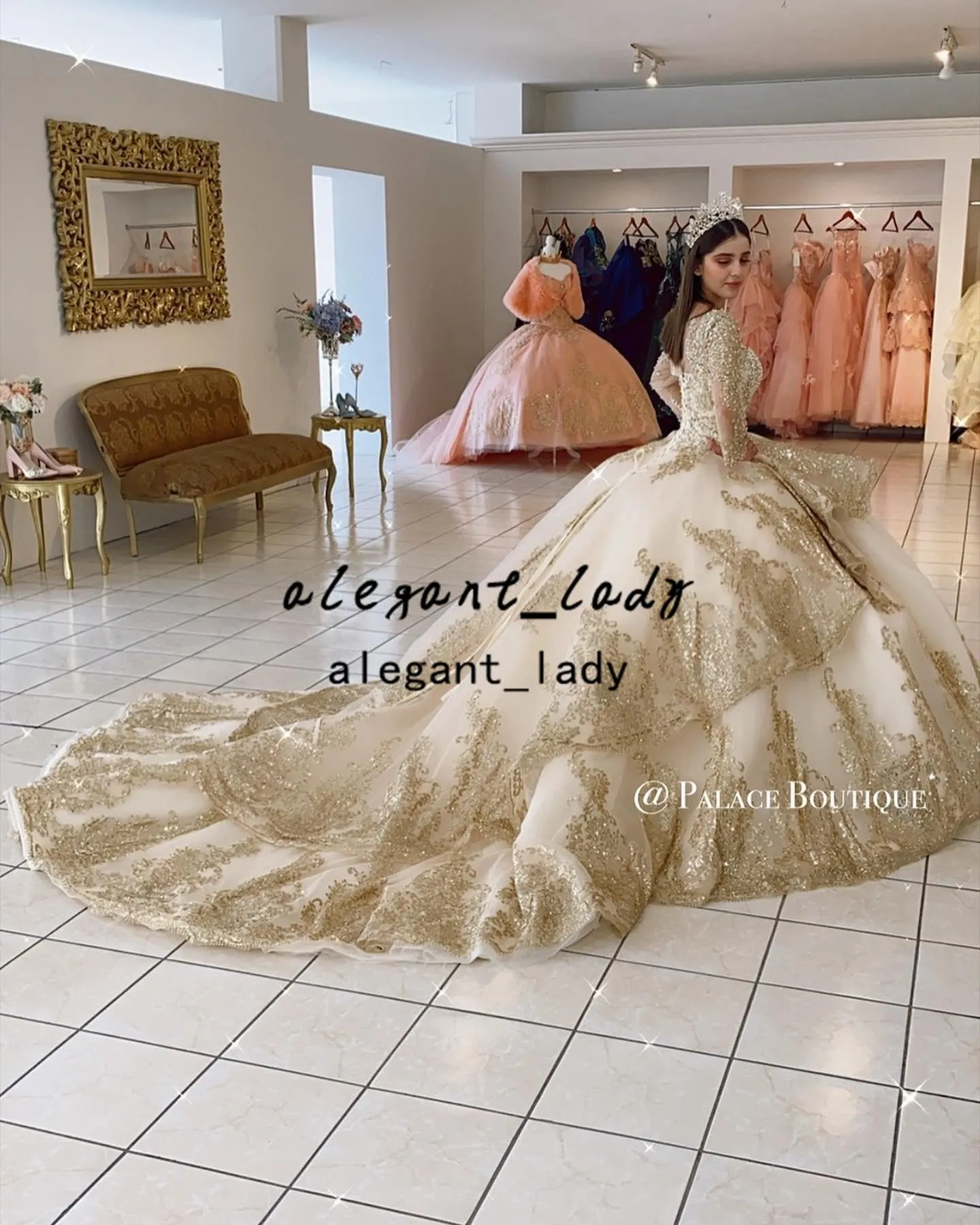 Gold Sequin Applique Tulle Gold glitter quinceanera dress with Scoop Neck, Tiered Ruffles, and Length for Sweet 16, Birthday, Prom, Ball, Formal Gold Sequin Applique Tulle Gold glitter quinceanera dress with Scoop Neck, Tiered Ruffles, and Length for Sweet 16, Birthday, Prom, Ball, Formal