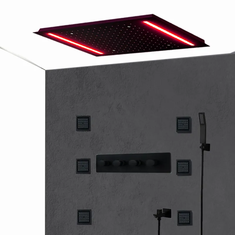 전체 매트 블랙 바디 제트 스파 샤워 시스템 임베디드 천장 대형 강우 LED 샤워기 고 유량 온도 조절 샤워 믹서 밸브 설정
