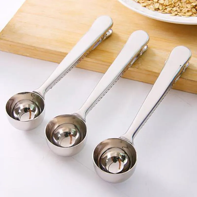 Stainless Steel Ground Coffee Tea Measuring Scoop Spoon With Bag Seal Clip Kitchen Metal Spoon LX2501