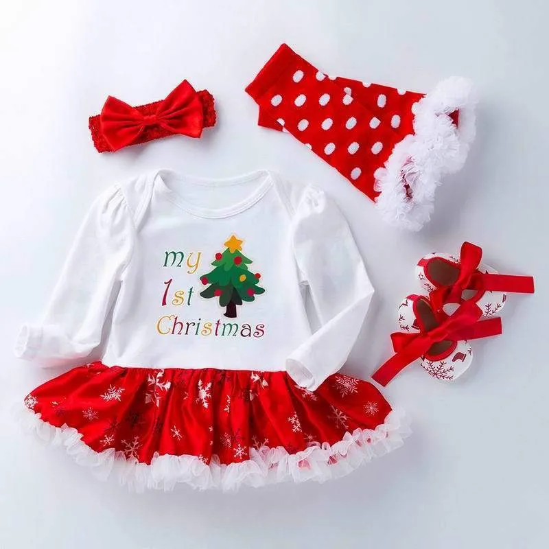 Baby Girl Christmas Dress Cotton 1st Birthday Dress Body + Shoes + Socks + Headband 4pcs Set Abbigliamento YK008 201204