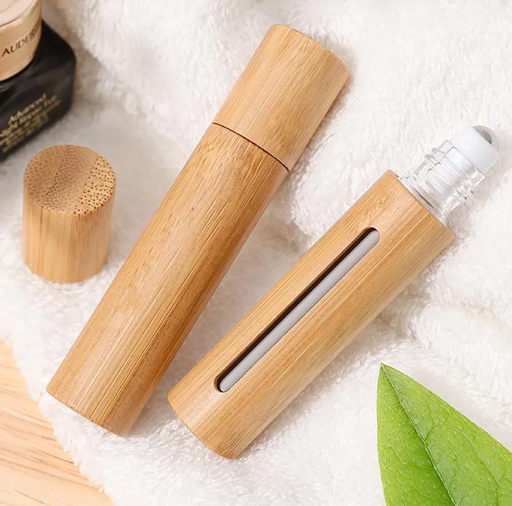 10ml Natural Bamboo Refillable Empty  Oil Perfume Fragrance Scent Steel Roller Ball Bottle For Home Travel SN2038