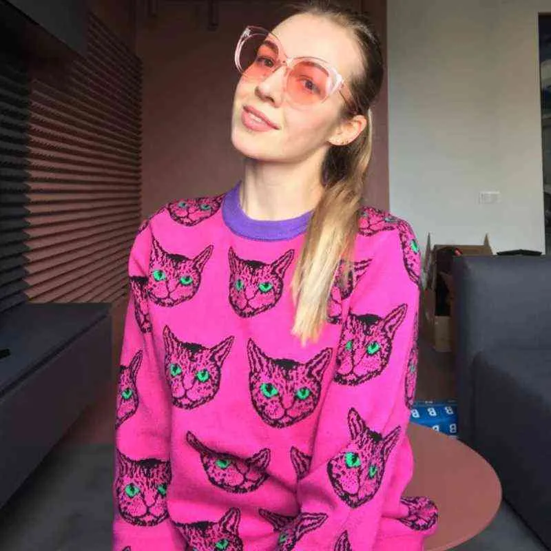 Fashion-High Quality Runway Designer Cat Print Sticked Sweaters Pullovers Women Autumn Winter Long Sleeve Harajuku Sweet Jumper C-192 220104