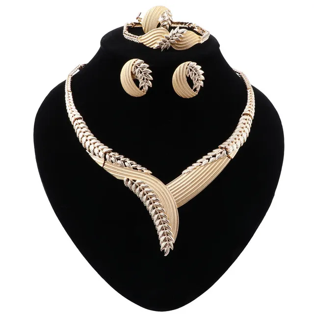 African Dubai Gold Color Jewelry Nigerian Crystal Necklace Earrings Women Italian Bridal Jewelry Set Wedding Accessories