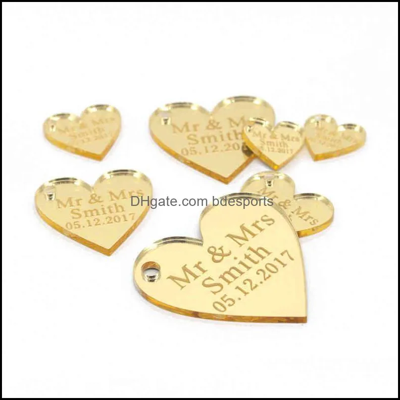 100x Personalized Laser Engraved Love Hearts Centerpieces Gold / Silver Mirror / Wood Tags Wedding Party Table Decoration Favors