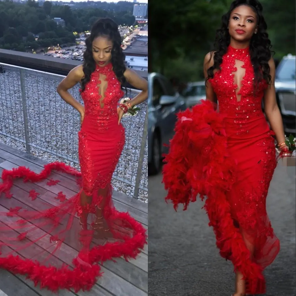Sexy African Red Feather Prom Dresses Kryształ Zroszony Halter Keyhole Koronki Aplikacje Długie Formalne Suknie Wieczorowe Smeevless Woman Pageant Specjalna okazja Dress
