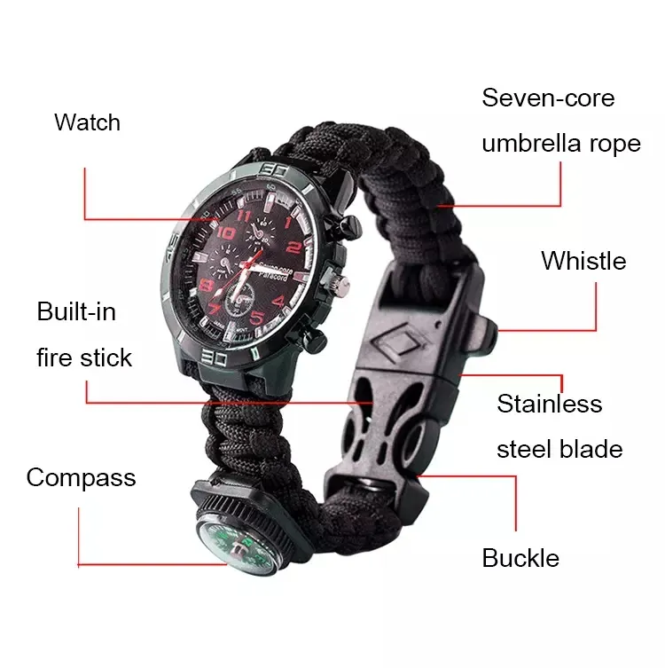 Bracelet Paracord personnalisé en plein air avec couteau boussole montre Kit d'urgence de survie en gros montre Bracelet de survie de haute qualité