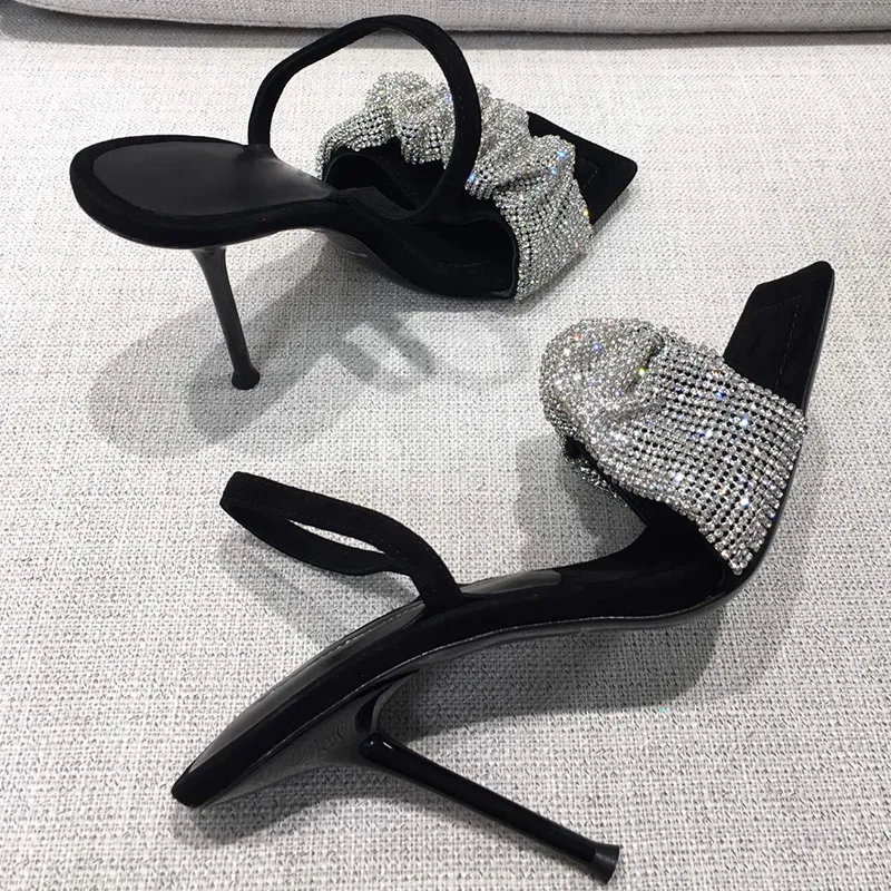 2022summer Fashion heels sandal slippers Top Quality Genuine Leather soft Flash drill Sequined Black Women shoes Super High heel