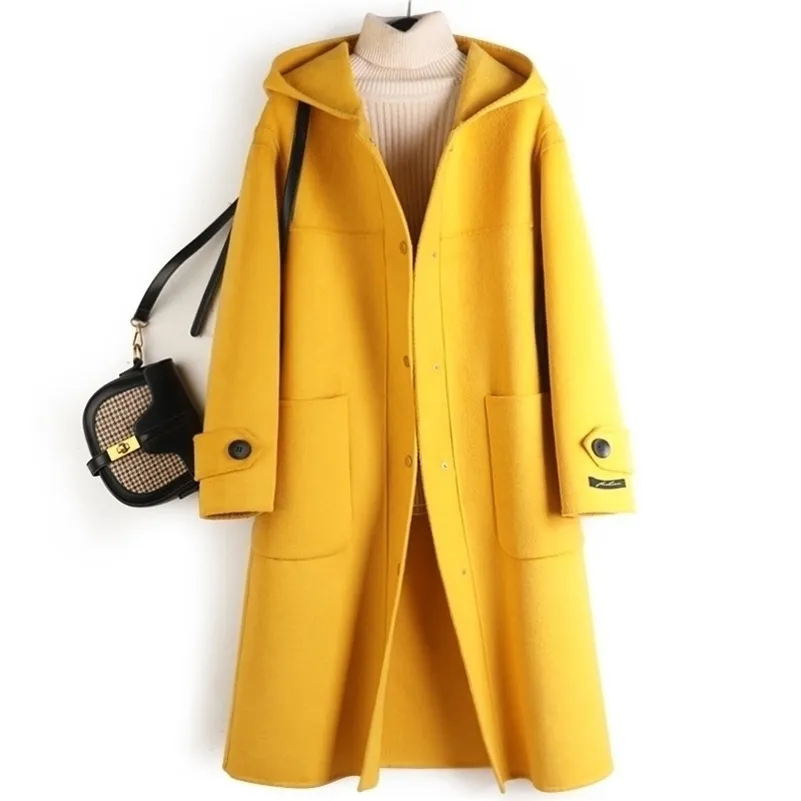 Mouilles jaunes automne hiver 90% manteau en laine Femmes Poches à capuche bouton recouverte de bouton à taille large Casaco féminino 201103