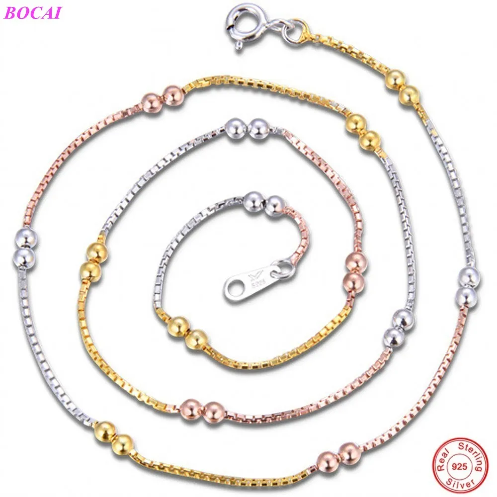 BOCAI S925 Collar de plata pura para mujer 1.0 octogonal 2.5 Temperamento de doble cuenta Corazón 925 Collar de plata 2020 NewJewelry Q0531