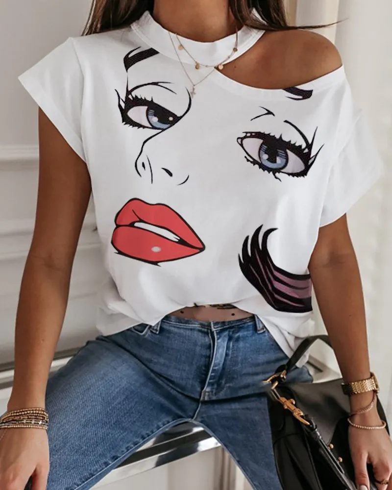 Neuankömmling Damen T-Shirt Stehkragen Joint Print Lippen um den Hals Tops T-Shirts ärmellos Damen Acetat Größe S-2XL