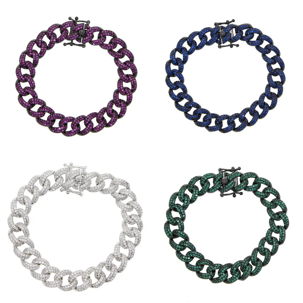 Hip Hop Bling Bling Iced Out Miami Cuban Chain Bracelets Micro Pave Rainbow Red Green Blue CZ Colorful Women Men Fashion Jewelry J1211