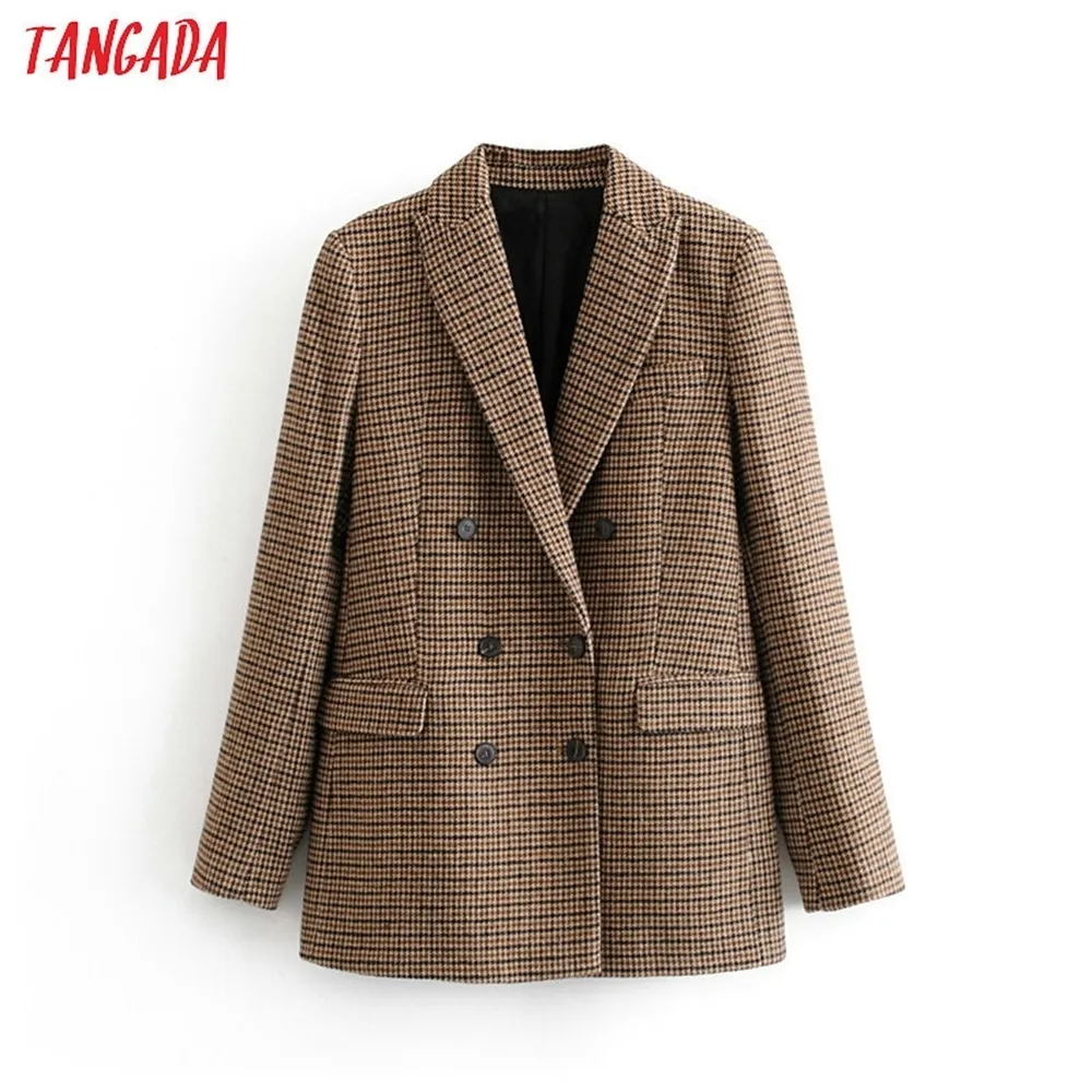 Tangada women stick winter double breasted suit jacket office ladies vintage plaid blazer pockets work wear tops LJ200815